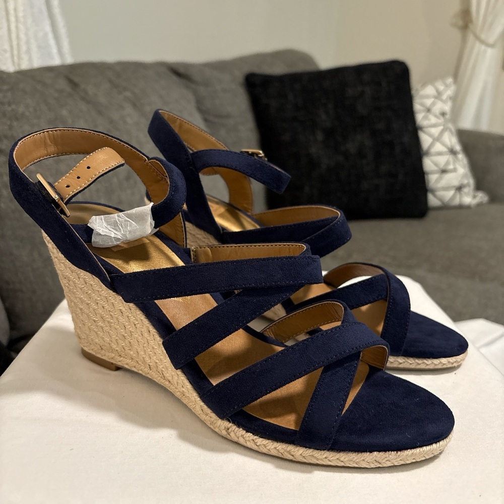 Navy Blue Espadrille Wedges with Crisscross Straps